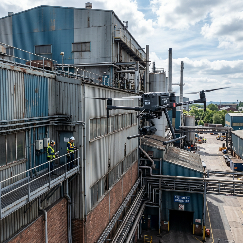 Drone flying near industrial warehouse with workers observing