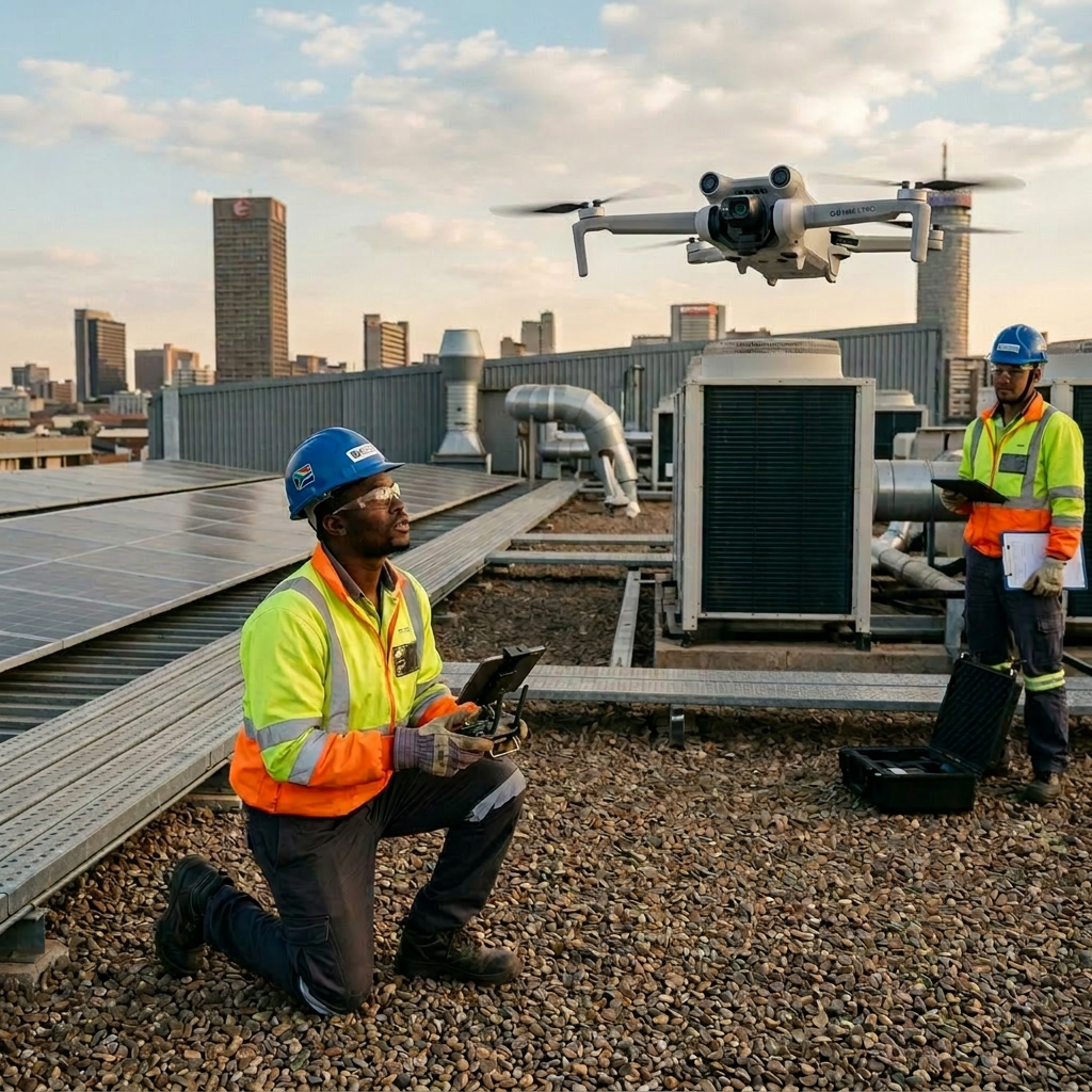 Two workers wearing safety gear operate a drone on a rooftop with solar panels and HVAC units